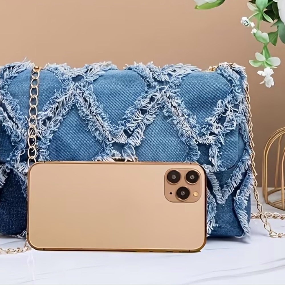 Stylish Blue Denim with Fray detail Clutch WITHOUT a Chain - Picture 3 of 3